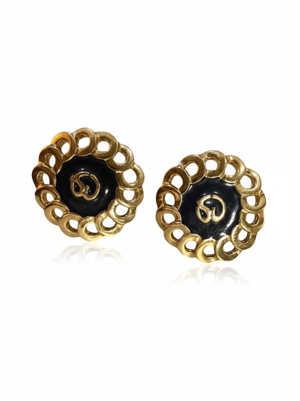 Vintage St. John Black Enamel Gold Tone Logo Clip-On Earrings